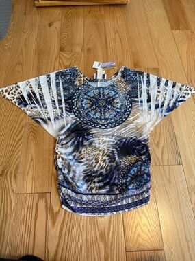 New Panhandle Slim Women’s Blue & Brown Printed Short Sleeve Top